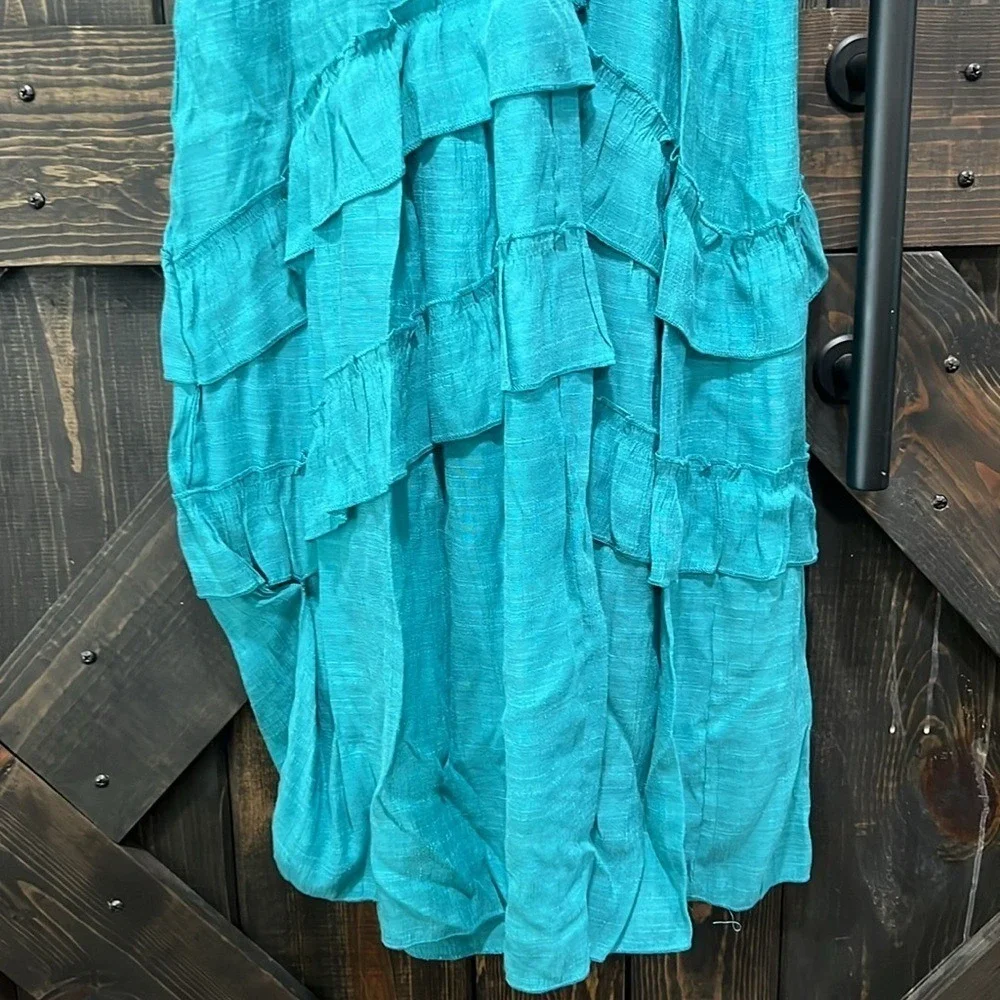 J Gee Maxi Dress S Teal Green‎ Blue Tiered Ruffle Boho Smocked Flutter Lace Trim - Picture 12 of 14